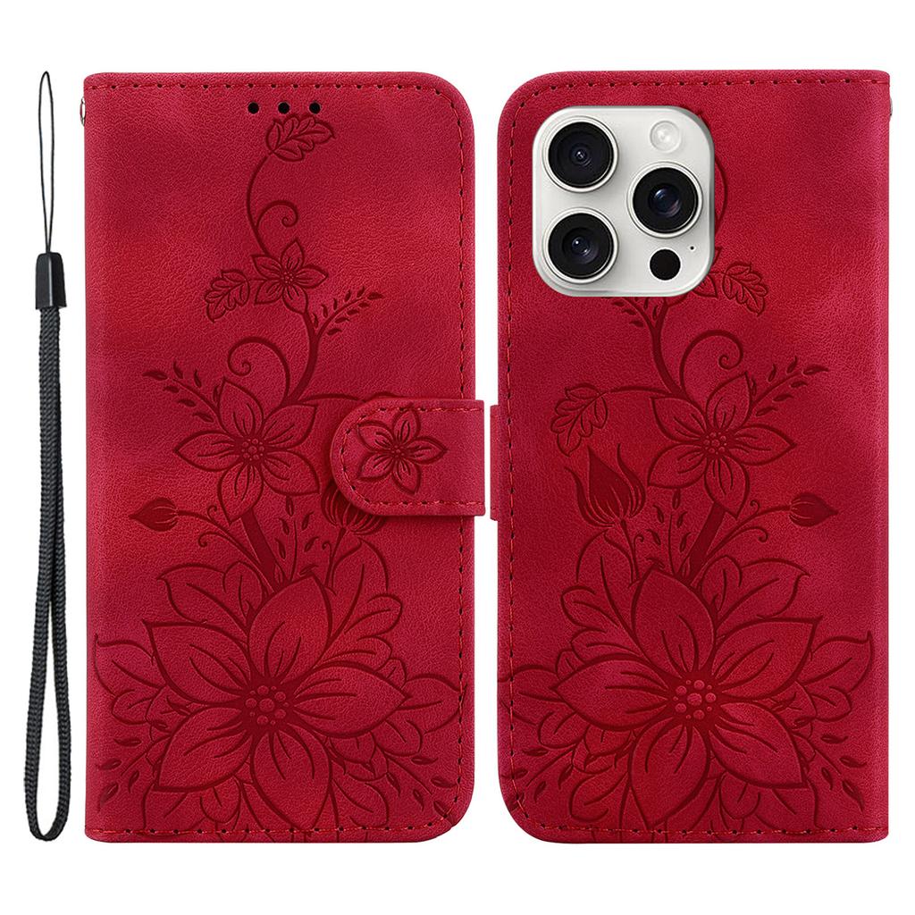 For iPhone 16 Pro Max Wallet Case PU Leather Phone Cover Flower Imprinted