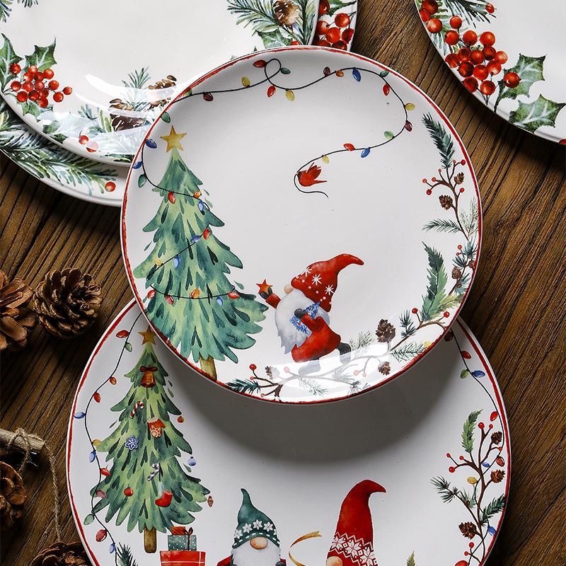 European & American Ceramic Christmas Dinner Plate - Creative Underglaze Decorative Round Dessert Plate