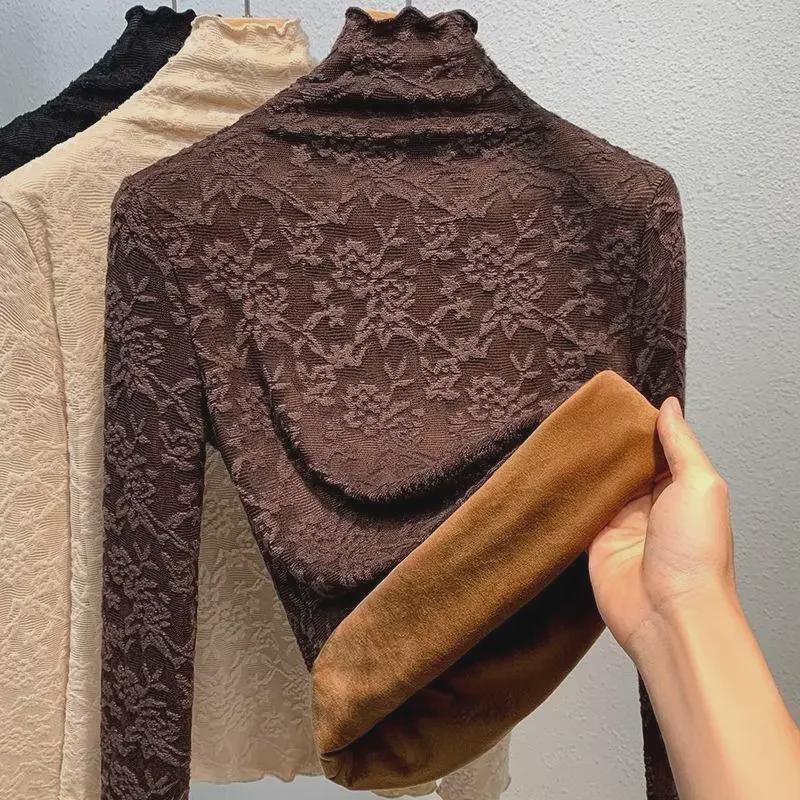 Women's Plus Size Velvet Lace Bottoming Shirt - Warm Half High Collar Mesh Top for Autumn/Winter 2024