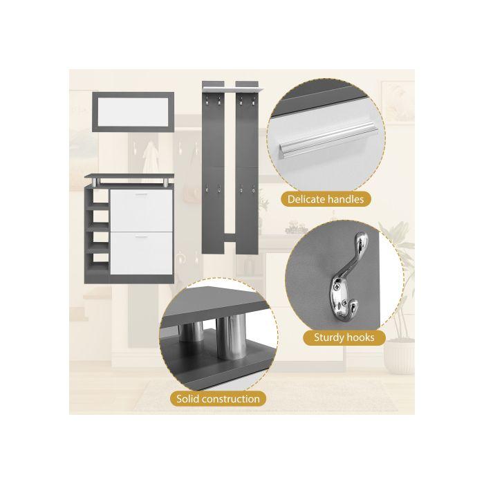 Meuble vestiaire - MUVOE - 80 x 25 x 96,5 cm - Miroir inclus - 2 panneaux muraux - Armoire à chaussures réglable