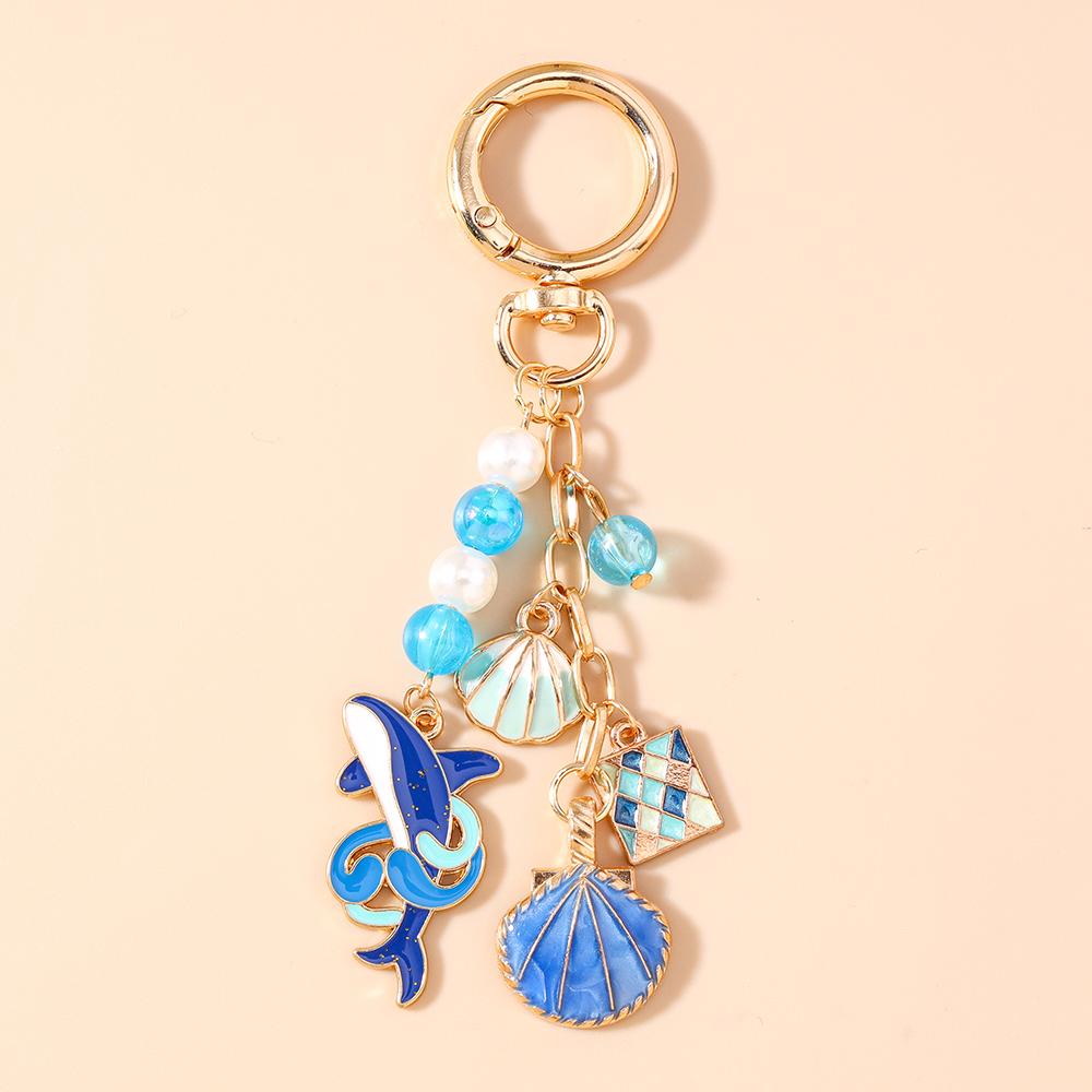 Fashion Enamel Shell Whale Keychain Crystal Pearl Key Ring Pendants for Women Girls Handbag Decor DIY Jewelry Gifts