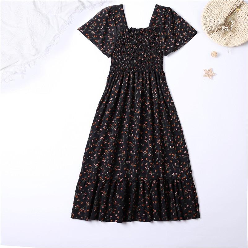 Chiffon Dress Women Dresses Female Short Sleeve Elastic Waist Printed Floral Pleated Backless Casual Dress