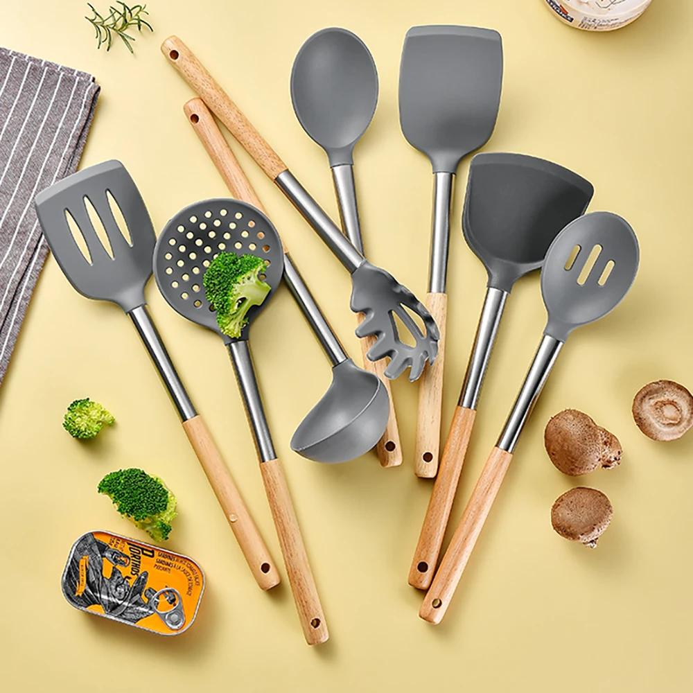 Silicone Kitchen Utensils Spatula Shovel Soup Spoon Cooking Tool Non-Stick Wood Handle Kitchen Gadgets Beaters Kitchenware