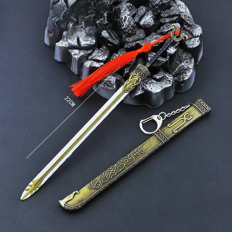 Chinese Retro Samurai Sword 22cm Metal Spear and Sword Mini Cold Model Ornaments Role Playing Fake Props Simple Style