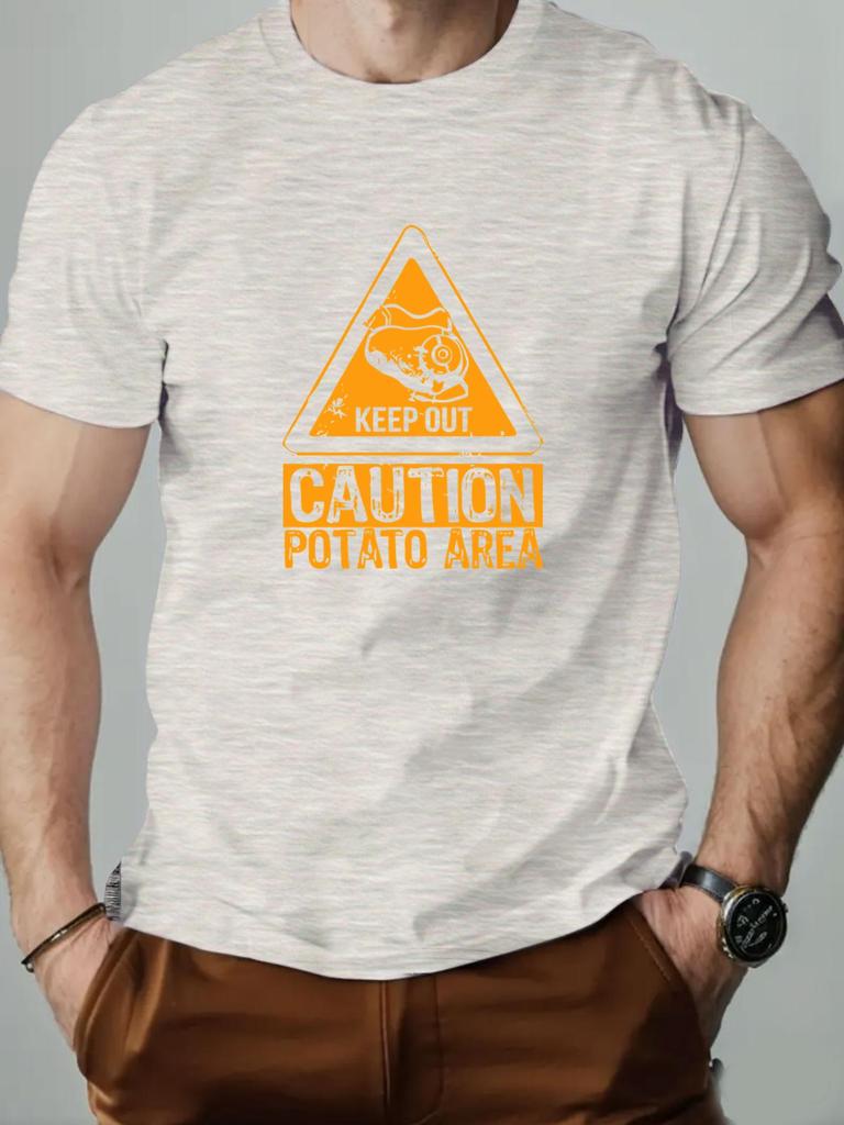 Mens cotton Tshirt CAUTION POTATO AREA summer round neck short sleeve graphic breathable fashion casual Tshirt