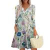 Women's Fashionable V-Neck Button Seven Part Cuff Pocket Floral Dress