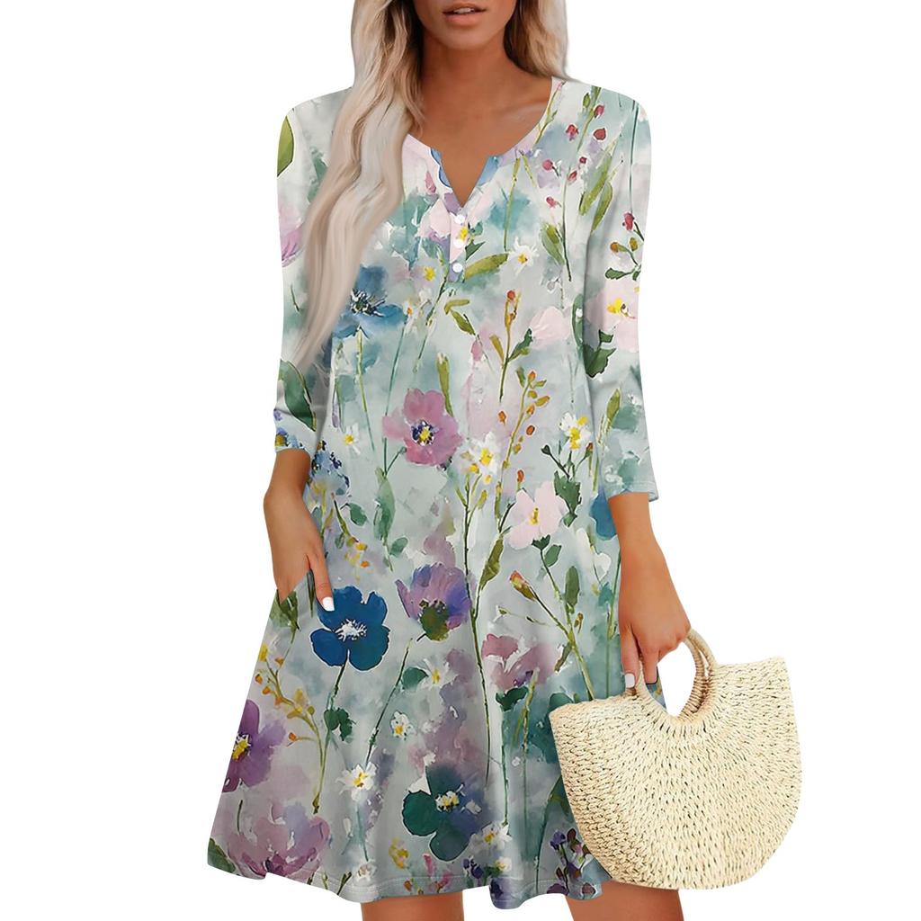 Women's Fashionable V-Neck Button Seven Part Cuff Pocket Floral Dress