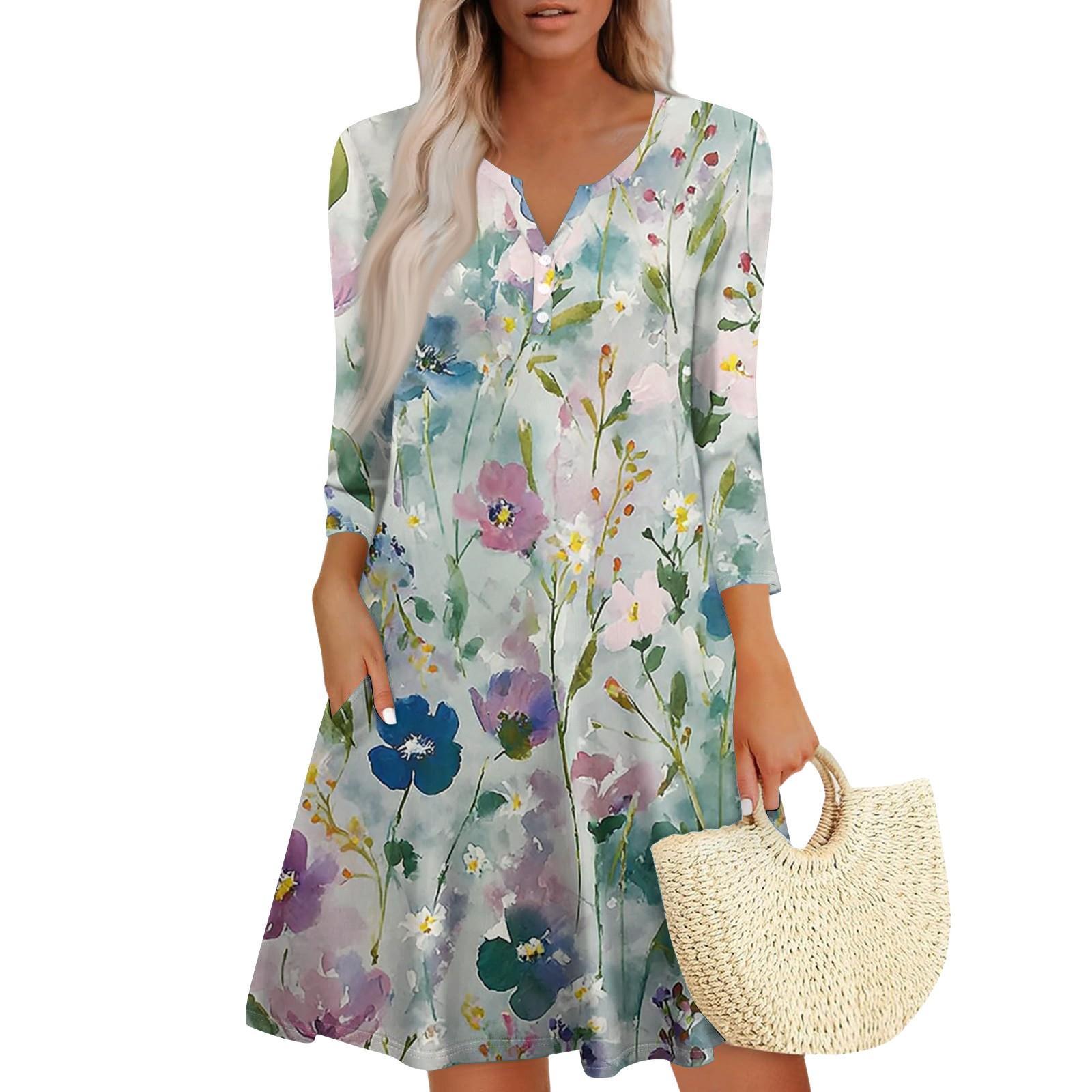 

Women s Fashionable V-Neck Button Seven Part Cuff Pocket Floral Dress XXL зелений