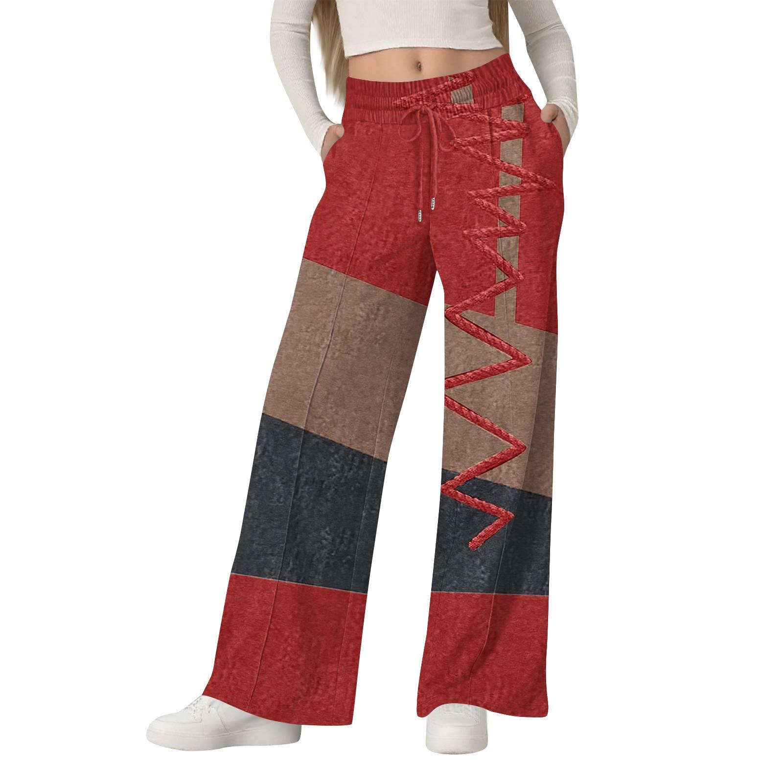 

Женские модные свободные повседневные брюки с широкими штанинами, геометрический цветной блок, пэчворк, принт XL красный