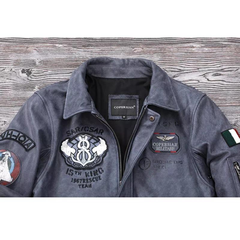 Chinese Size Blue Genuine Leather Jacket for Men Real Cowhide Skin Military A2 Flight Suit Embroidered Pilot Coats Mens Aviation Clothing Autumn