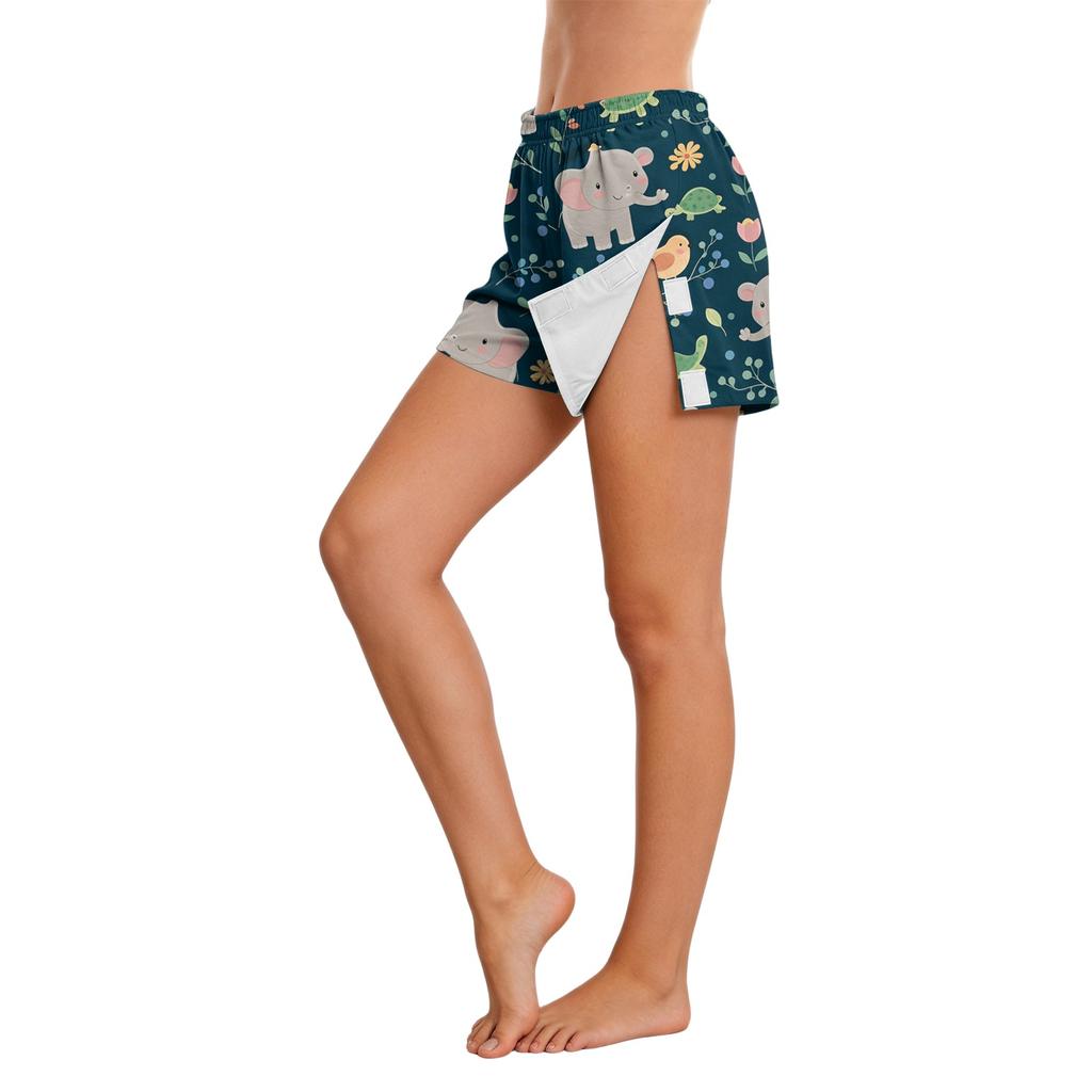 Women Animal Print Side Velcro Closure Easy Open Post Surgery Recovery Care Shorts No Pockets Comfortable Fit Elastic Waistband