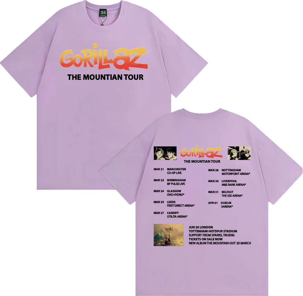 Band Gorillaz New Album The Mountian Tour T Shirts Men Women Vintage Fashion Cartoon Tshirts Cotton Casual Short Sleeve Tshirt