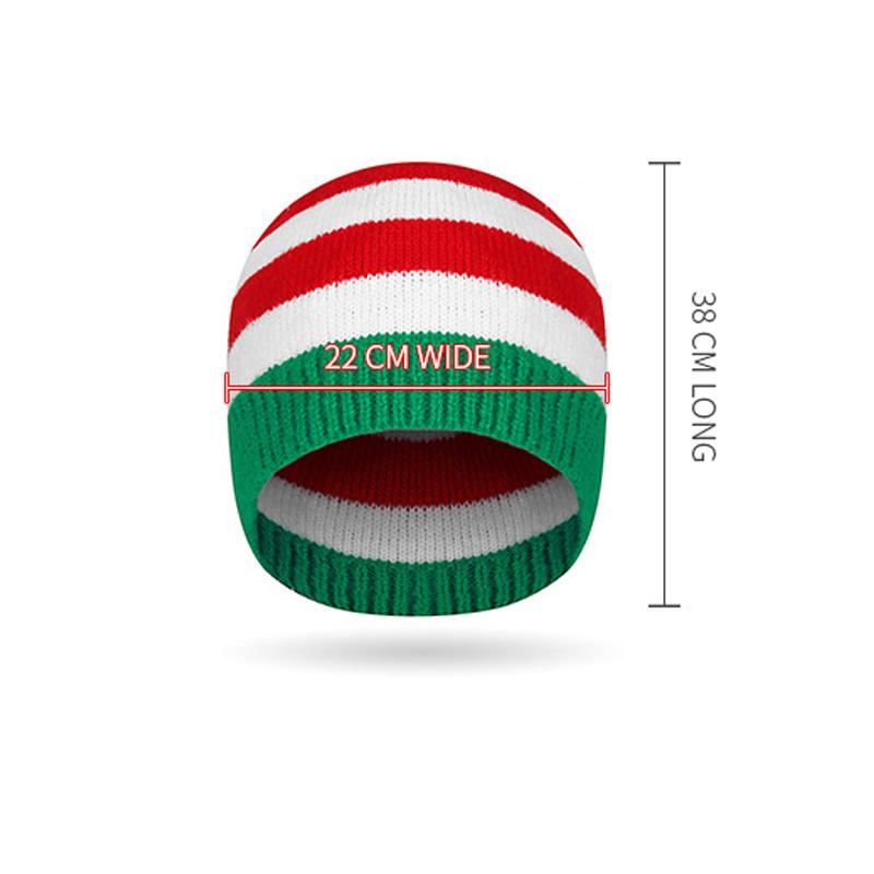 Осенне-зимняя вязаная шапка в красную и зеленую полоску с меховым шариком — фото 4