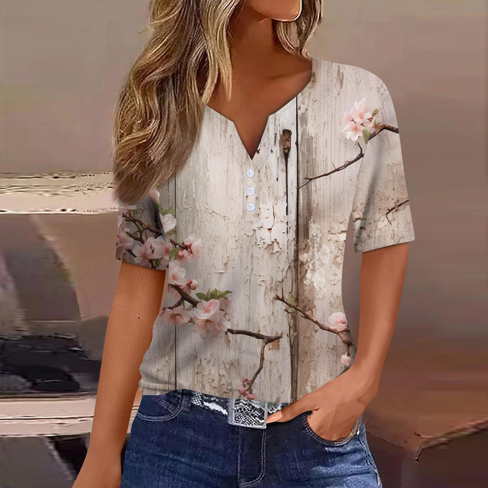 Жен. Футболка С принтом Пуговицы С короткими рукавами Повседневные Выходные Мода — фото 5