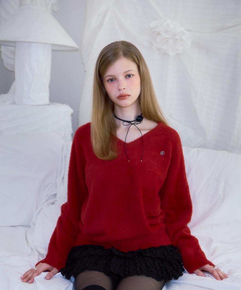 ROSEFRANTZ Fur V-Neck Knit [Red]