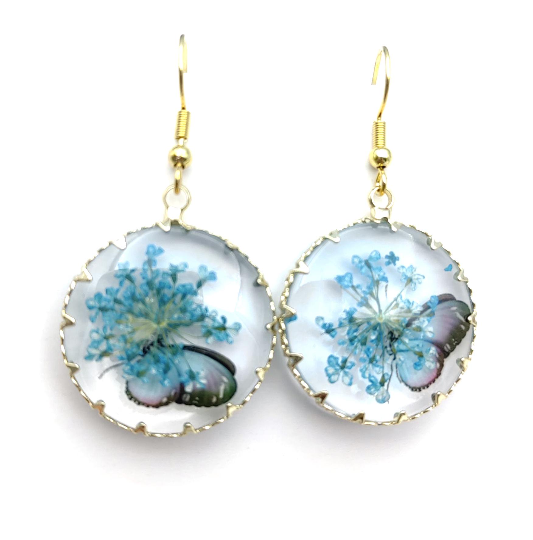 Spring Butterfly Dried Flower Dangle Earrings for Women - Fresh, Preserved Floral Design