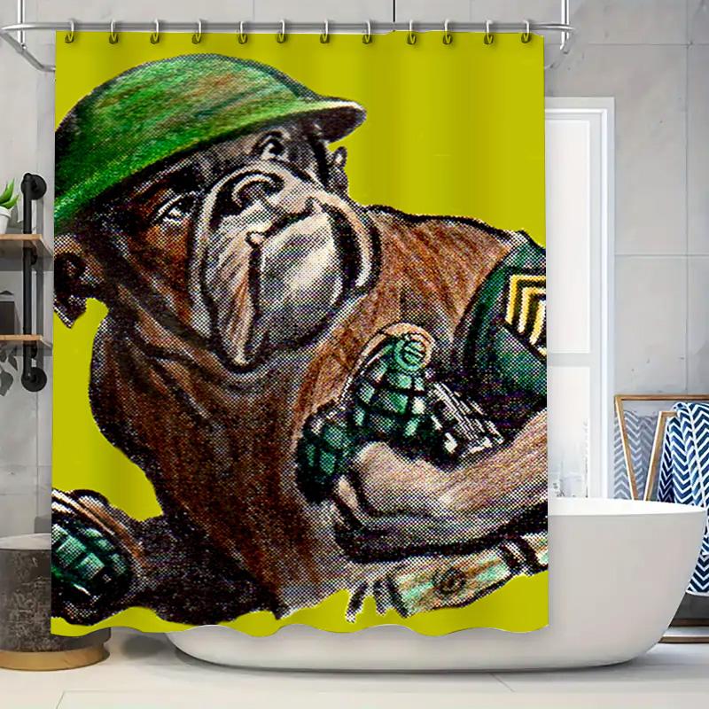 

Vintage Green Military Style Bulldog Print Shower Curtain 3D Cartoon Bath Decor Size: W72 x L84 inches 90x180cm