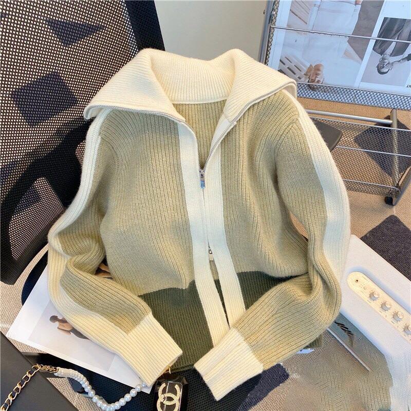 Contrasting Color Splicing Lapel Sweater Jacket Cardigan Women's New Design Double-ended Zipper Knitted Sweater Tide