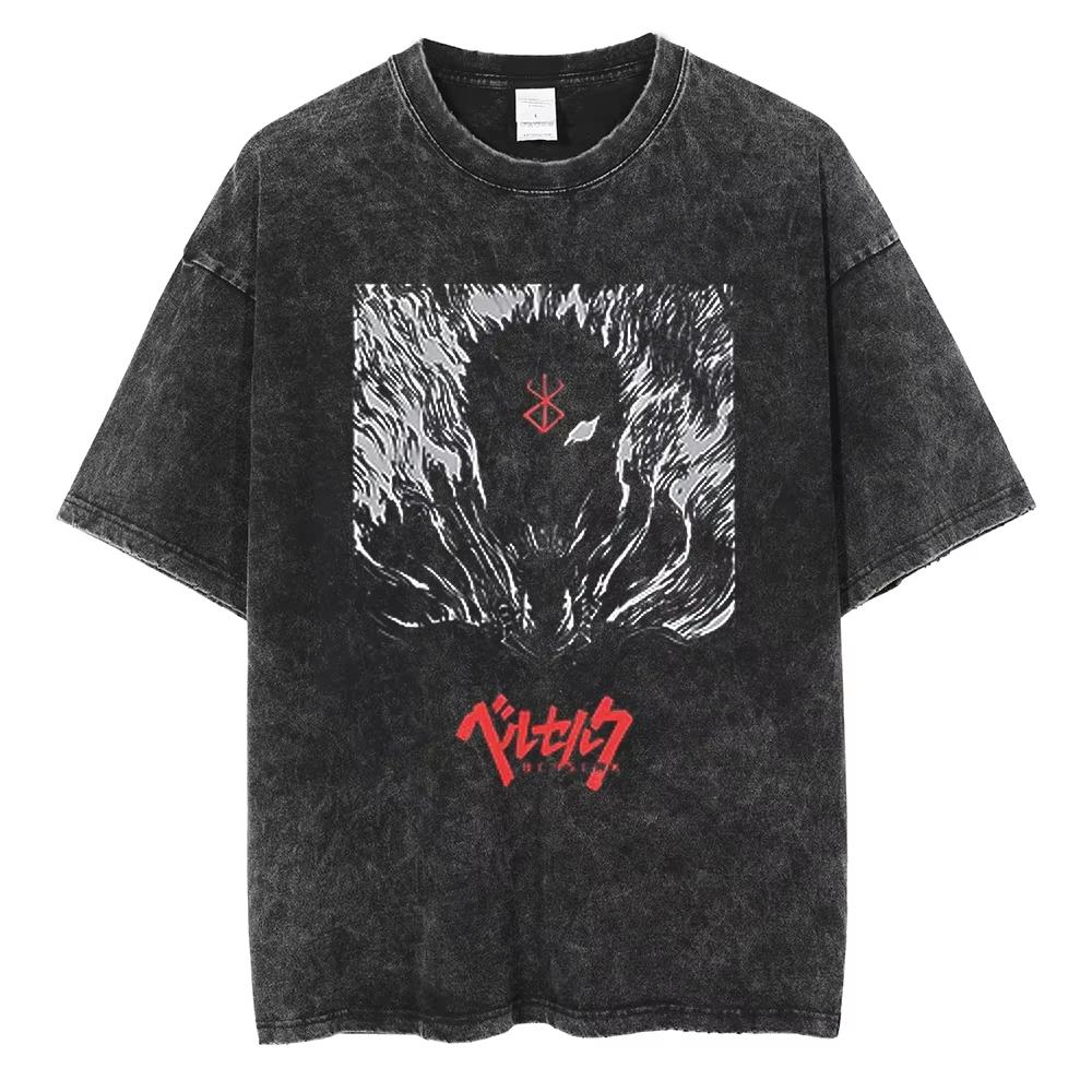 Berserk Anime Guts Charakter Vintage Gewaschenes Baumwoll-T-Shirt Retro Manga Grafik Sommer Kurzarm Locker Geschnittene Oberteile Für Männer Frauen Tägliche Freizeitkleidung