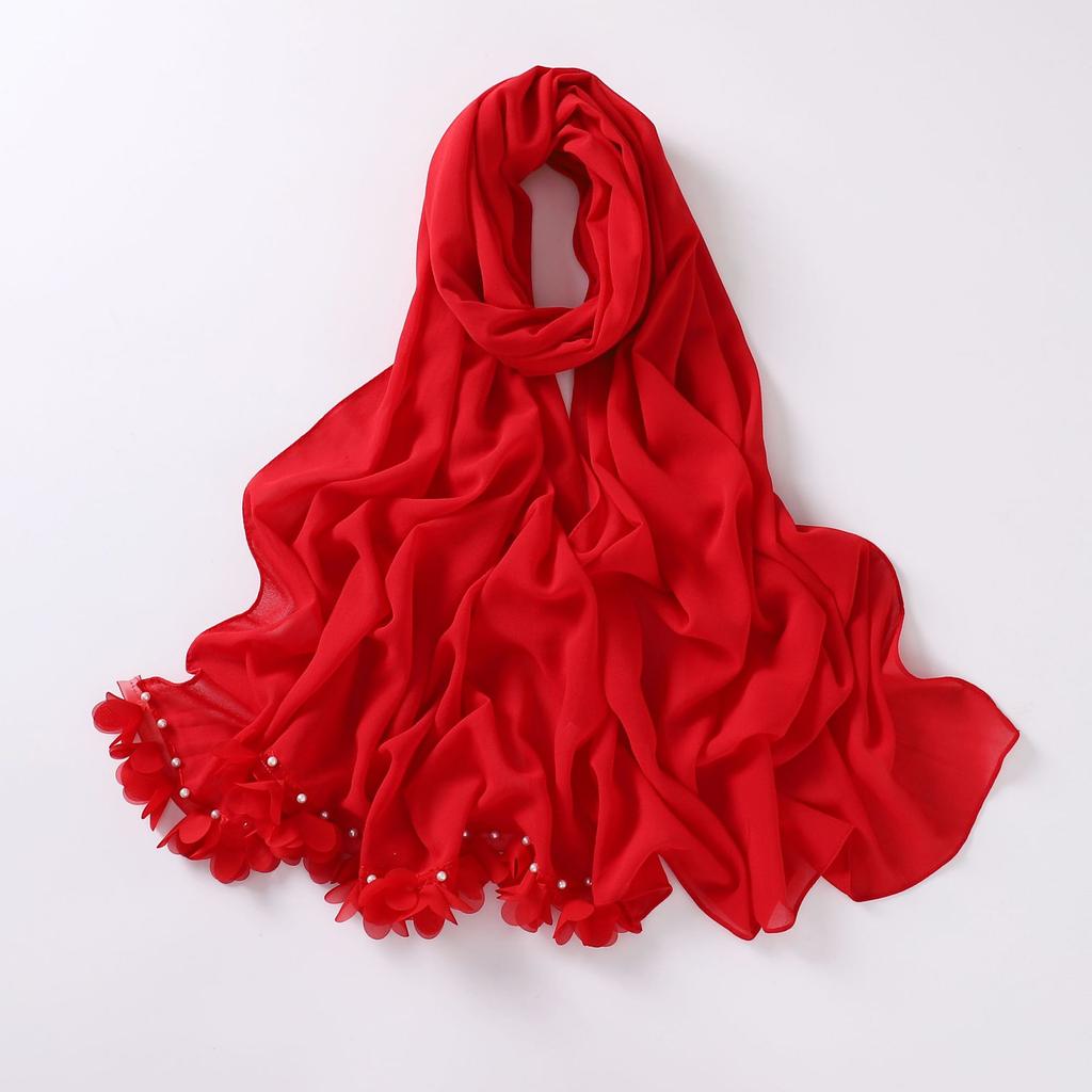 Fashion Bubble Pearl Chiffon Scarf Flower Beads Hijab Muslim Women Headscarf Turban Shawl Wrap Islam Veil Stoles Scarves Bufanda