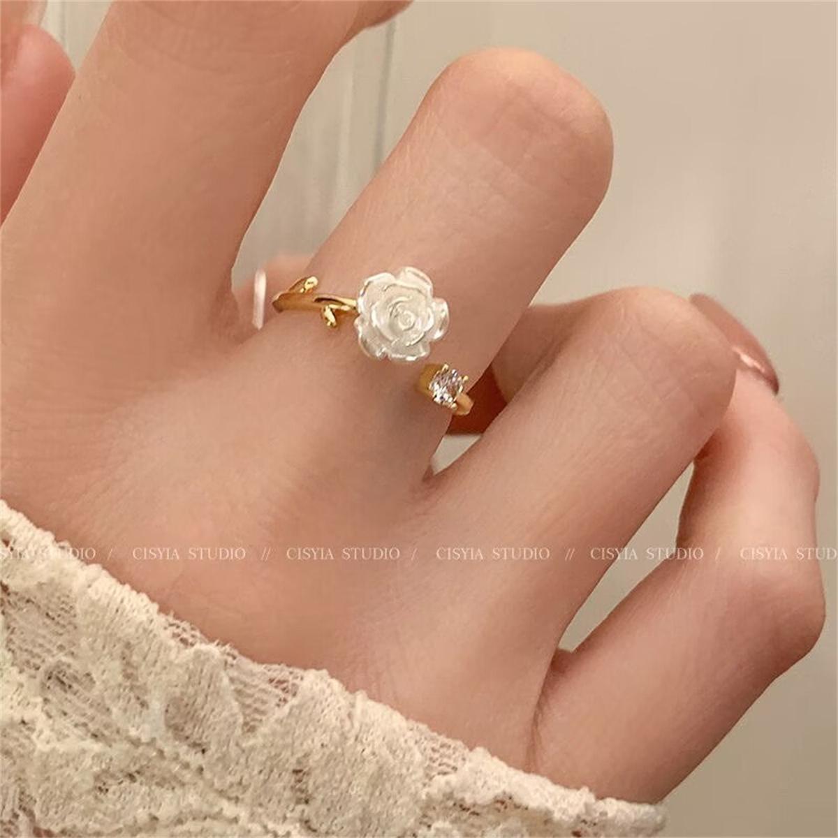 

Zirconia Rose Cherry Blossom Tulip Luxury Flower Exquisite Opening Rings Elegant for Women Cubic Adjustable Finger Ring Wedding