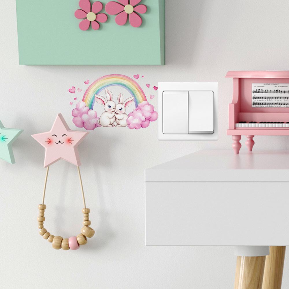 Cartoon Couple Rabbit Rainbow Bedroom Living Room Switch Background Beautification Wall Stickers