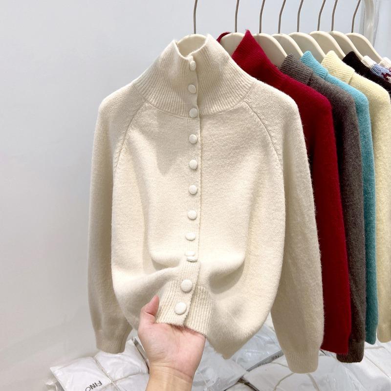 Olo Lapel Knitted Cardigan Sweater Women's Autumn and Winter Thickened Unique Super Good-looking Turtleneck Single-breasted Bottoming Top