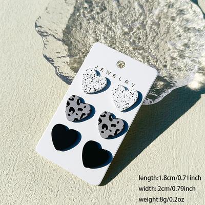 3 Pairs Mixed Pattern Heart Acrylic Stud Earrings Set For Women Daily Wear