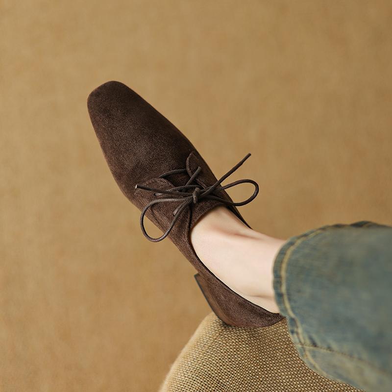 Fashion 2025 New Hot Sale Low Heel Lace Up Genuine Leather Sheep Suede Pumps Women Daily Walk Flats Young Girls Casual Autumn Shoes