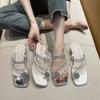 Two sandals for women to wear 2025 new summer fashion rhinestone toe fairy wind thick high heel crystal cool slippers