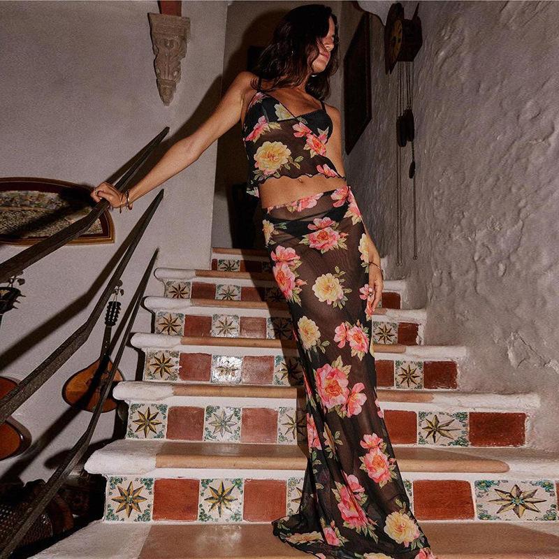 Spring New Women's Fashion Printed Camisole Small Vest See-through Slim Skirt Suit for Women