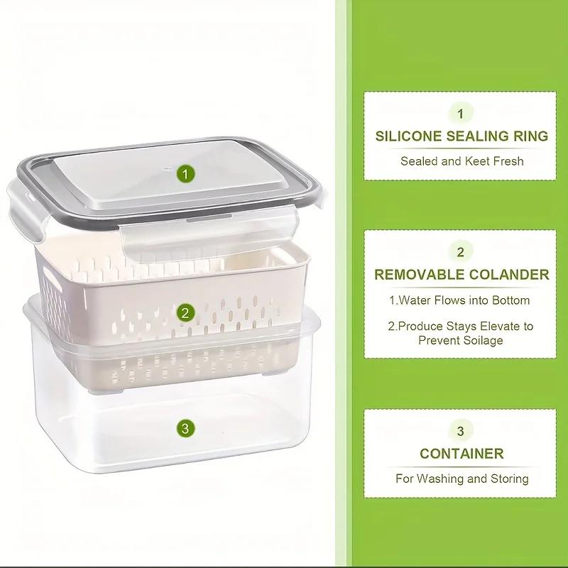 Fridge Food Storage Container Set with Lids with Strainer,Plastic Fresh Produce Saver Vegetable Fruit Meat Storage Organization