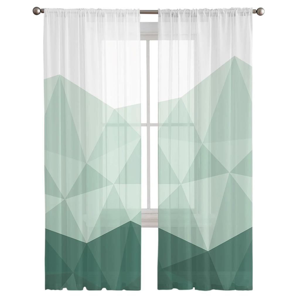 Geometric Green Gradient Triangle Tulle Curtains for Living Room Kitchen Bedroom Sheer Tulle for Cafe Hotel Modern Home Decor