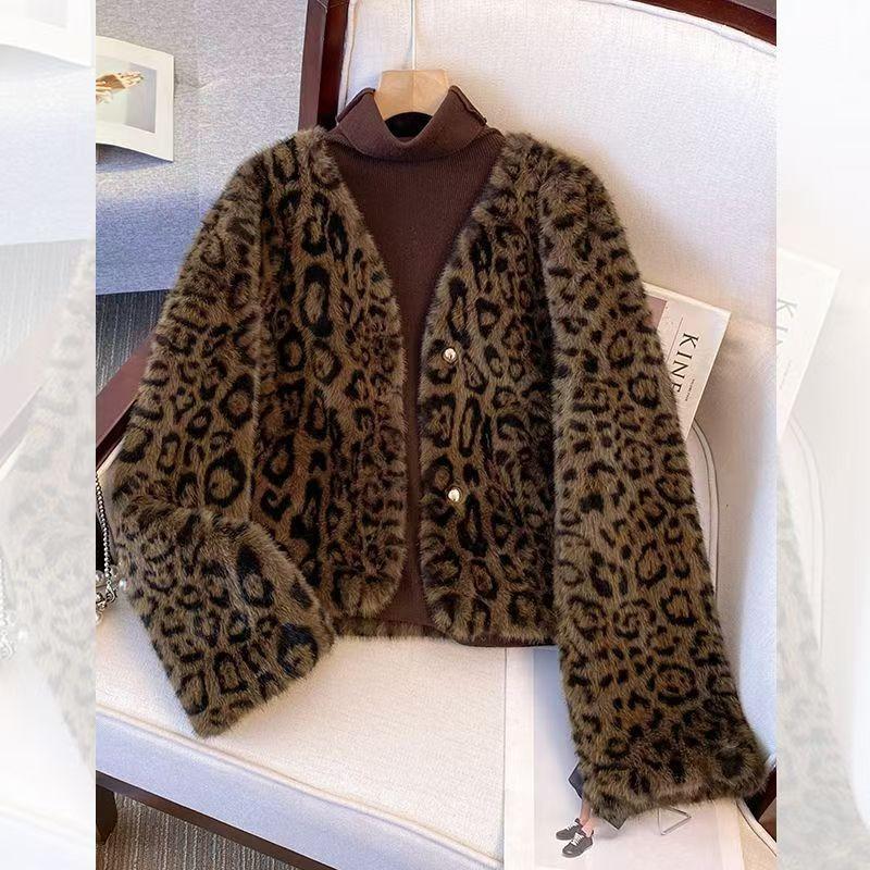 Winter leopard print short imitation mink fur jacket thickened fur integrated top collar