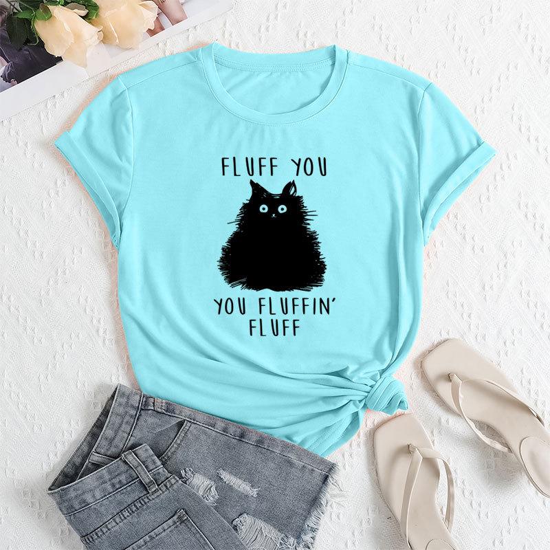 Summer Women's Letter Cat Print Round Neck Loose Casual Pure Cotton Short Sleeved T-shirts Women's