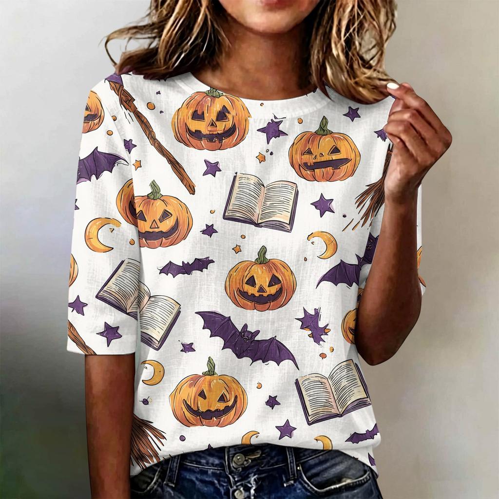 Loose Fit Womens Casual Short Sleeve Top Round Neck Lightweight Comfortable Pullover Shirt with Halloween Themed Print