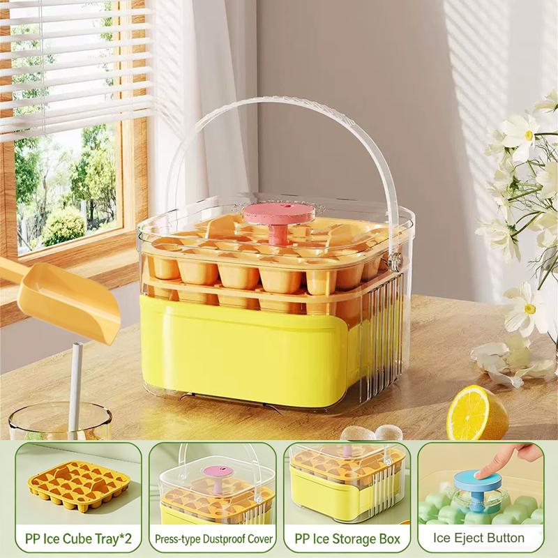 Compact Double Layer Ice Cube Tray with Lid and Bin, One-Click Demolding, Pull-Out Ice Drawer with Portable Handle with Shovel