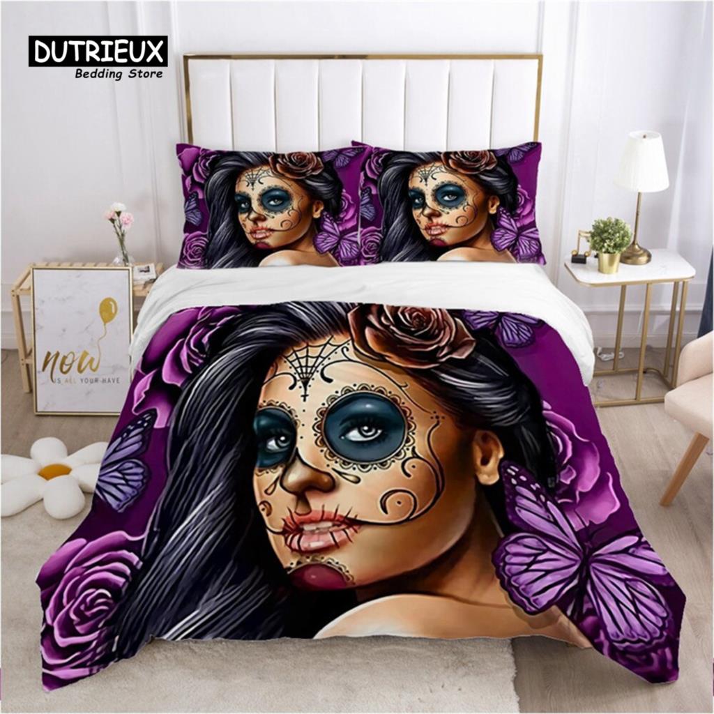 Sugar Skull Duvet Cover Gothic Skull Skeleton Bedding Set Horror Theme Comforter Cover Full King For Teens Adults Bedroom Decor