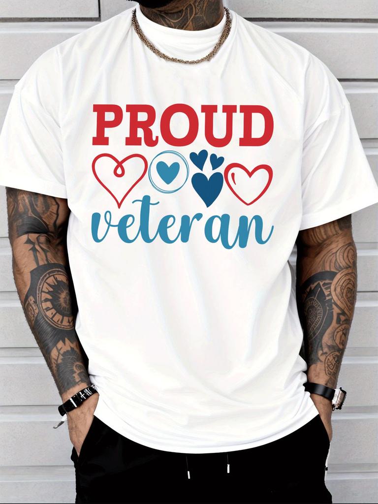 Unisex Summer Cotton Short Sleeve T Shirt Proud Veteran Red Blue Heart Print Crew Neck Patriotic Military Casual Street Male Tee