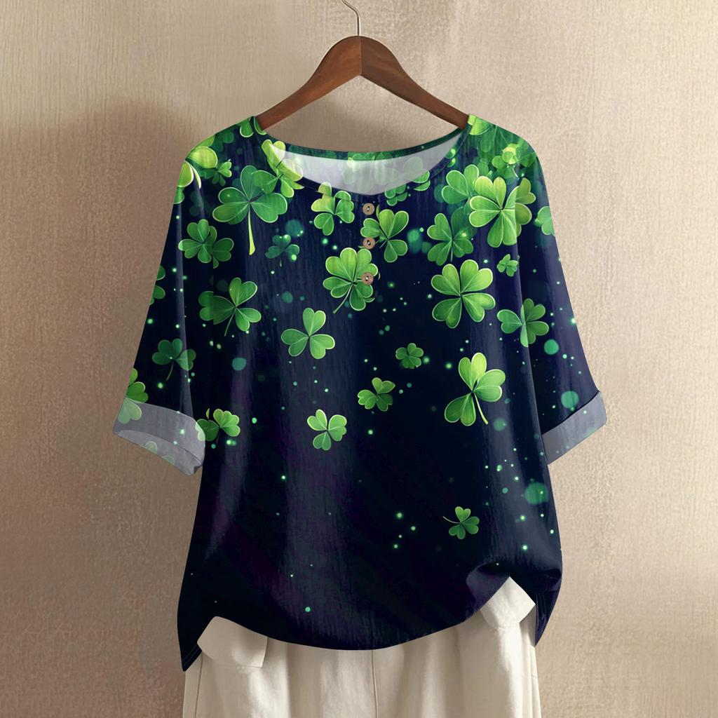 Women's Fashionable And Casual Shirt 3/4 Sleeve Round Neck Print Blouse Top