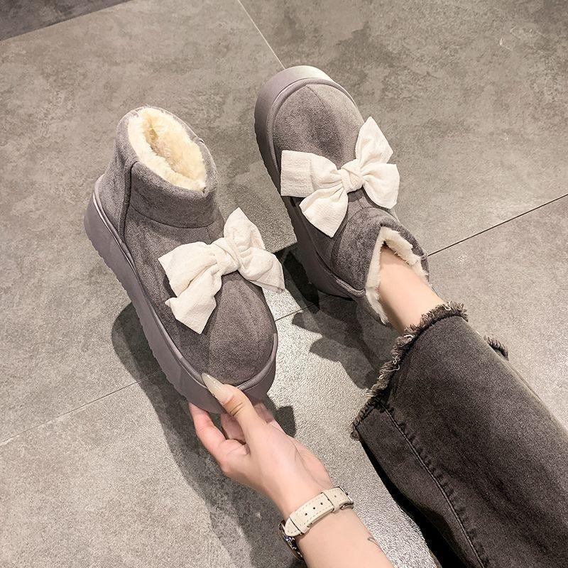 Thick-soled Bow Cotton Boots Women's Velvet Warm Home Indoor Non-slip Snow Boots Can Be Worn Outside In Winter