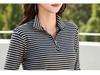 Women's Striped Pure Cotton Long Sleeve T-Shirt, Autumn/Winter 2025, Fashionable Slimming Base Layer with Zippered Stand Collar