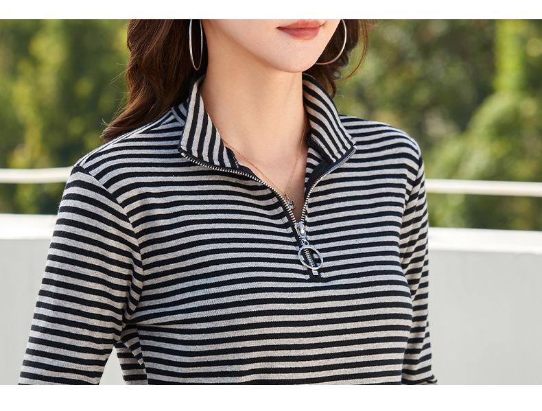 Women's Striped Pure Cotton Long Sleeve T-Shirt, Autumn/Winter 2025, Fashionable Slimming Base Layer with Zippered Stand Collar