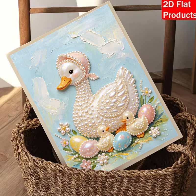 DIY Frameless Pearl Painting Kit Cute Duck Family 3D Shiny Bead Art Canvas Relaxing Creative Craft for Home Wall Decor Gift