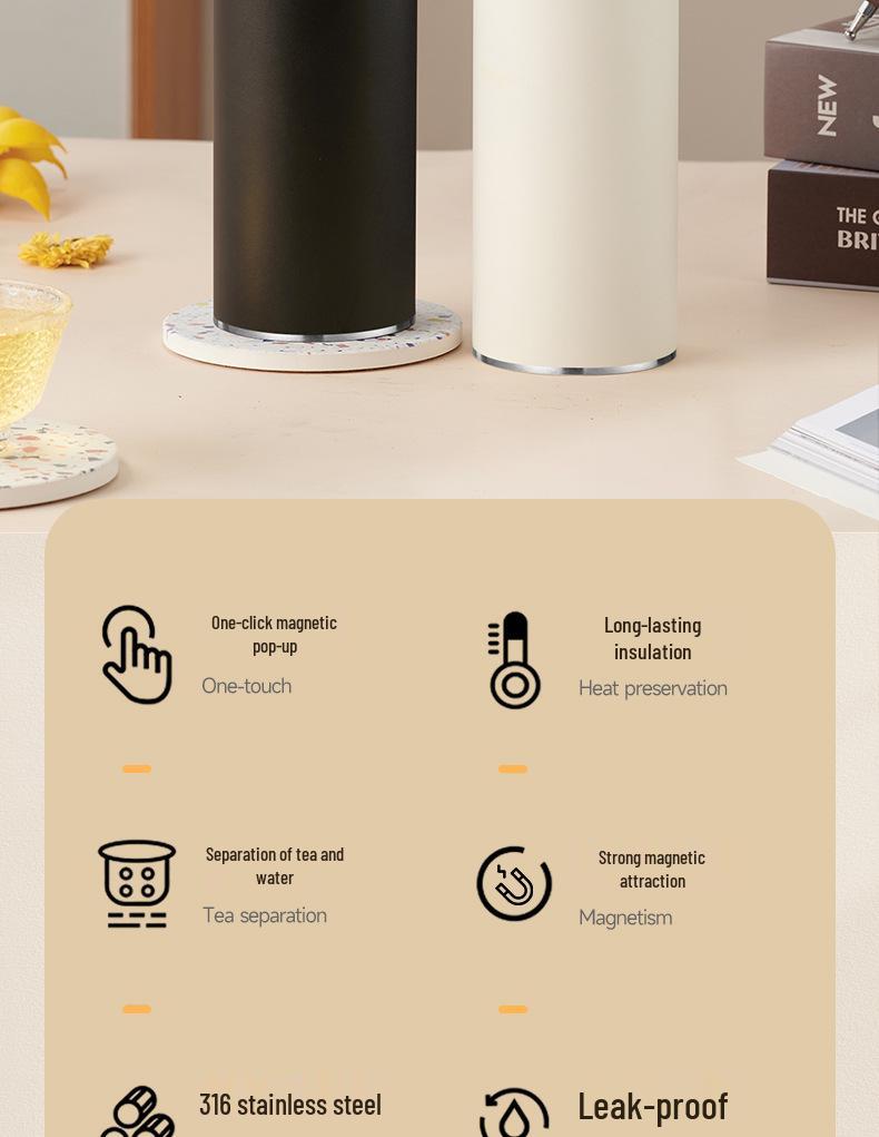 316 Stainless Steel Insulated Magnetic Bubble Tea Cup - High-Grade, Large Capacity Business Gift