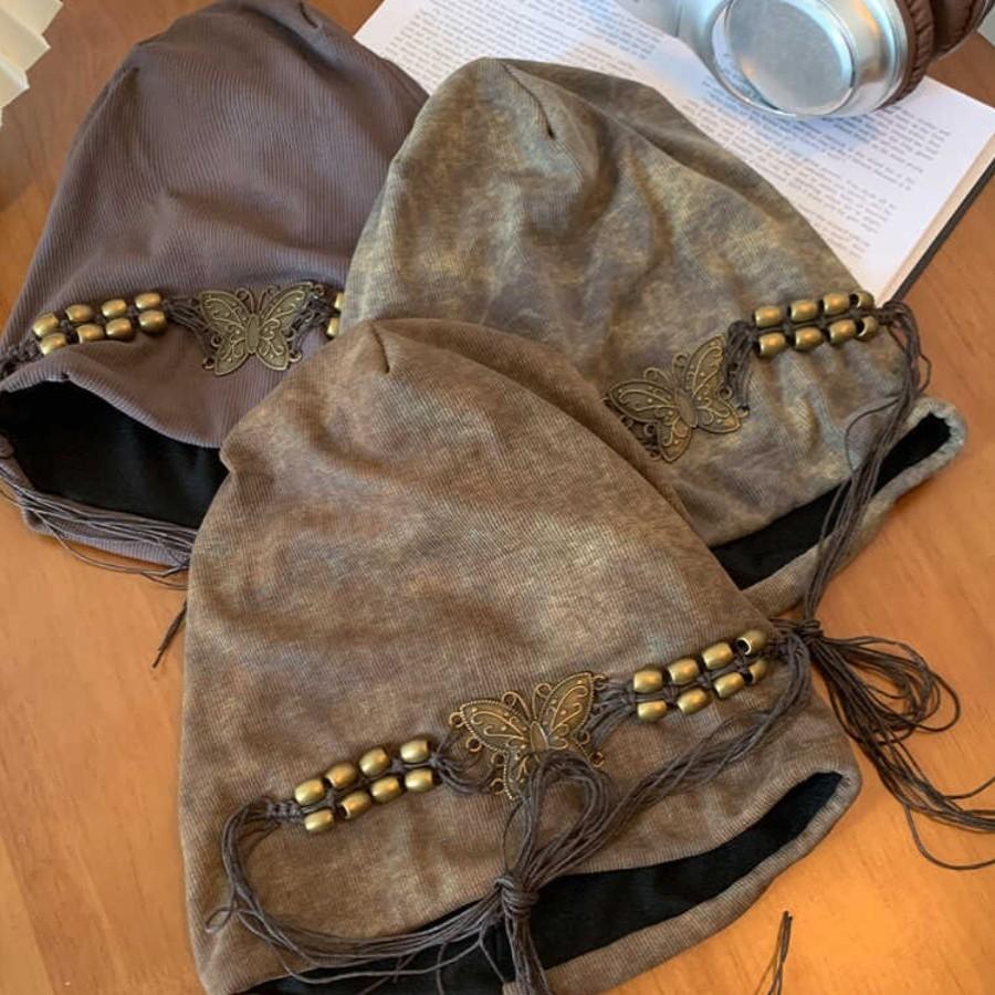 Autumn and Winter American Retro Pile Hat Tassel Butterfly Bag Head Hat Big Head Circumference Showing Face Small Hat Women's Versatile Cold Hat