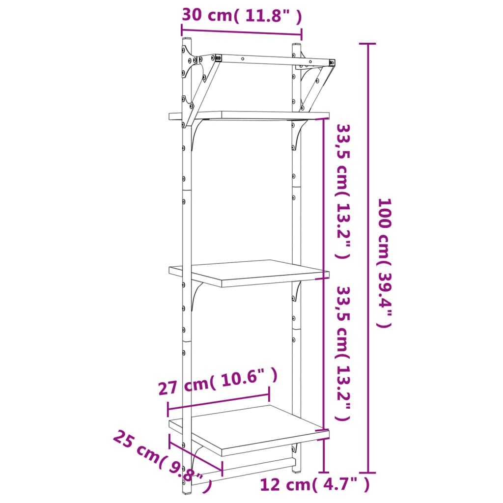 Wall Shelves with 3 Shelves and Bars 2 pcs Sonoma Oak