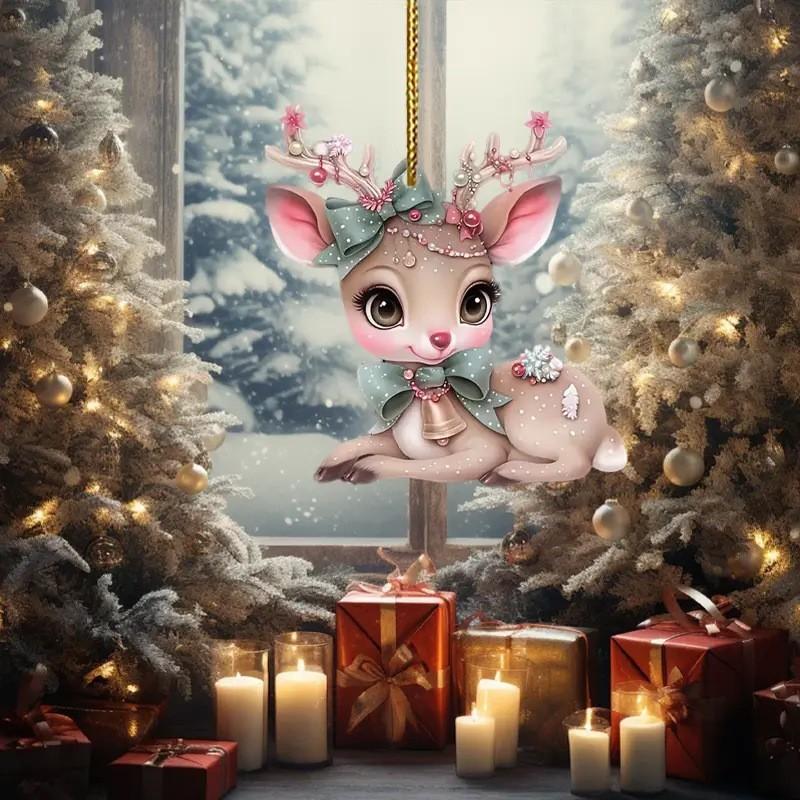 Car Christmas Acrylic Pendant With Butterfly Knot Bell Print Deer For Decor