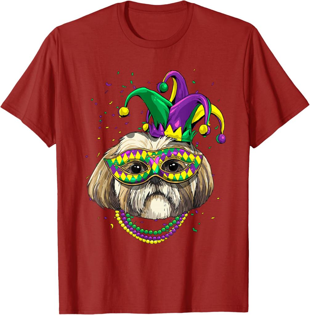 Shih Tzu Mardi Gras  Dog Graphic Tee Breathable Cotton Casual T-Shirt for Dog Lovers