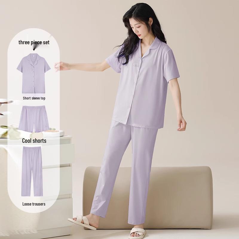 Women's Tencel Cotton Pajama Set: Summer Lyocell Short Sleeve, Long Pants, 3-Piece for Home or Outdoor Wear